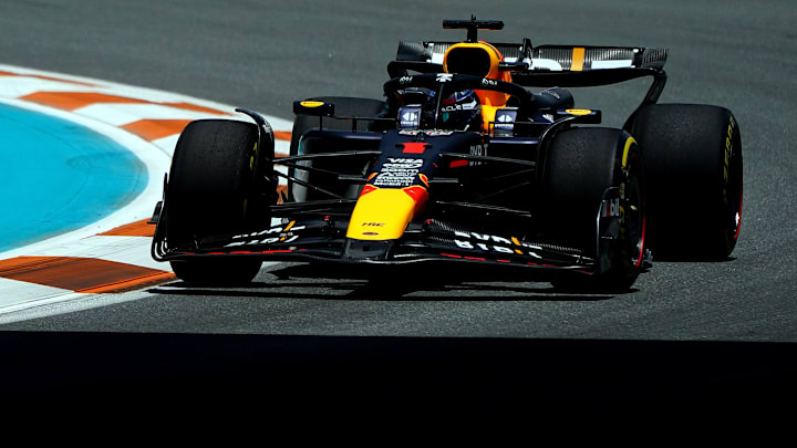 May 3, 2024; Miami Gardens, Florida, USA; Red Bull Racing driver Max Verstappen (1) races into turn three during F1 practice at Miami International Autodrome. Mandatory Credit: John David Mercer-Imagn Images May 3, 2024; Miami Gardens, Florida, USA; Red Bull Racing driver Max Verstappen (1) races into turn three during F1 practice at Miami International Autodrome. Mandatory Credit: John David Mercer-Imagn Images