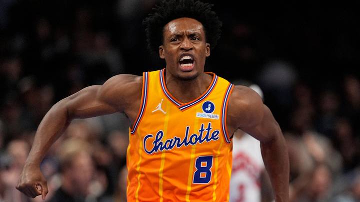 Nov 29, 2025; Charlotte, North Carolina, USA; Charlotte Hornets guard Collin Sexton (8) reacts after defeating the Toronto Raptors in overtime at Spectrum Center. Mandatory Credit: Jim Dedmon-Imagn Images