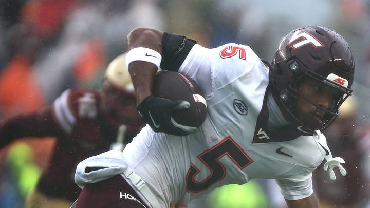 Sep 26, 2026; Chestnut Hill, Mass.; Virginia Tech wide receiver Marlion Jackson (5) runs in the first half against Boston College at Alumni Stadium.