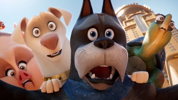 (L-R) DIEGO LUNA as Chip, VANESSA BAYER as PB, DWAYNE JOHNSON as Krypto, KEVIN HART as Ace and NATASHA LYONNE as Merton in Warner Bros. Pictures’ animated action adventure “DC LEAGUE OF SUPER-PETS,” a Warner Bros. Pictures release. Photo Credit: Courtesy of Warner Bros. Pictures. © 2021 Warner Bros. Entertainment Inc.