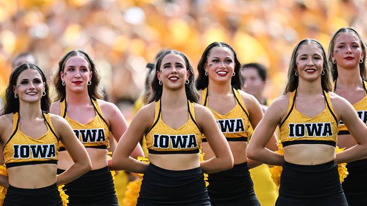 Sep 5, 2026; Iowa City, Iowa, USA; Iowa Hawkeyes cheerleaders react before the game against the Northern Illinois Huskies at Kinnick Stadium. Mandatory Credit: Jeffrey Becker-Imagn Images Sep 5, 2026; Iowa City, Iowa, USA; Iowa Hawkeyes cheerleaders react before the game against the Northern Illinois Huskies at Kinnick Stadium. Mandatory Credit: Jeffrey Becker-Imagn Images