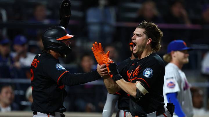 Sep 15, 2026; New York City, New York, USA;  Baltimore Orioles third base Coby Mayo (16) celebrates after hitting a three-run, in the park home run during the eleventh inning against the New York Mets at Citi Field.  Mandatory Credit: Vincent Carchietta-Imagn Images