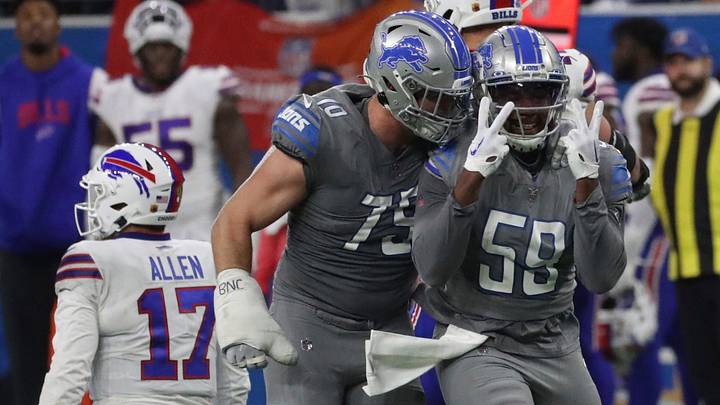 Former Detroit Lions linebacker James Houston, right, celebrates his sack of Bills quarterback Josh Allen Former Detroit Lions linebacker James Houston, right, celebrates his sack of Bills quarterback Josh Allen