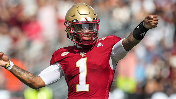 Sep 2, 2023; Chestnut Hill, Massachusetts, USA; Boston College Eagles quarterback Thomas Castellanos (1) celebrates after touchdown pass during the second half against the Northern Illinois Huskies at Alumni Stadium. Mandatory Credit: Paul Rutherford-Imagn Images