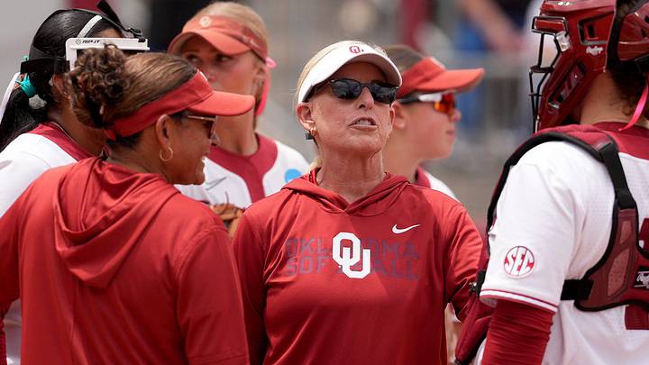 Oklahoma head softball coach Patty Gasso talks to the team during a time out during Game 1 of the NCAA Norman Super Regional softball game between the Mississippi State Bulldogs and the University of Oklahoma Sooners at Love's Field in Norman, Okla., May, 22, 2026. Mississippi State won 11-9. Oklahoma head softball coach Patty Gasso talks to the team during a time out during Game 1 of the NCAA Norman Super Regional softball game between the Mississippi State Bulldogs and the University of Oklahoma Sooners at Love's Field in Norman, Okla., May, 22, 2026. Mississippi State won 11-9.