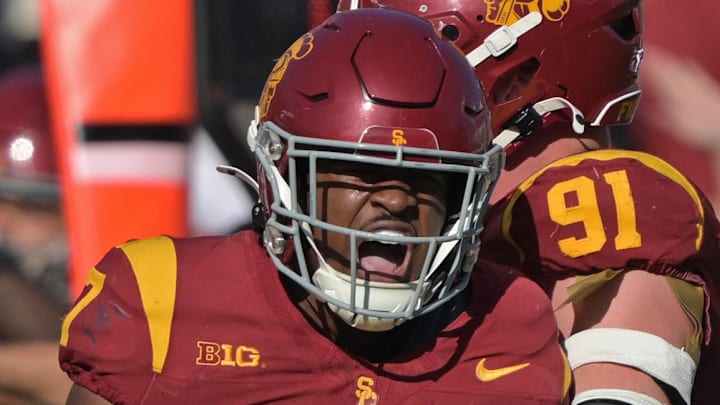 Oct 12, 2024; Los Angeles, California, USA;  USC Trojans safety Kamari Ramsey (7) reacts after a play in the second half against the Penn State Nittany Lions at United Airlines Field at Los Angeles Memorial Coliseum. Mandatory Credit: Jayne Kamin-Oncea-Imagn Images