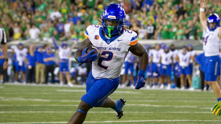 Boise State running back Ashton Jeanty carries the ball for a touchdown as the Oregon Ducks host the Boise State Broncos Saturday, Sept. 7, 2024 at Autzen Stadium in Eugene, Ore.