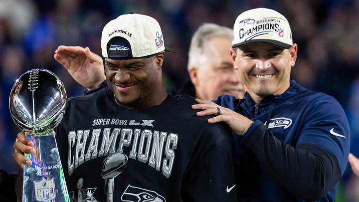 Feb 8, 2026; Santa Clara, CA, USA; Seattle Seahawks head coach Mike MacDonald and running back Kenneth Walker III (9) celebrate with the Vince Lombardi trophy after defeating the New England Patriots in Super Bowl LX at Levi's Stadium. Feb 8, 2026; Santa Clara, CA, USA; Seattle Seahawks head coach Mike MacDonald and running back Kenneth Walker III (9) celebrate with the Vince Lombardi trophy after defeating the New England Patriots in Super Bowl LX at Levi's Stadium.