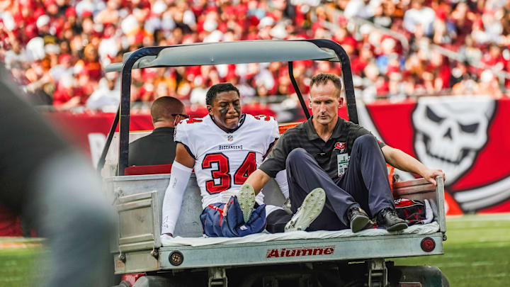 Tampa Bay Buccaneers cornerback Bryce Hall is carted off the field after suffering an ankle injury. Tampa Bay Buccaneers cornerback Bryce Hall is carted off the field after suffering an ankle injury.