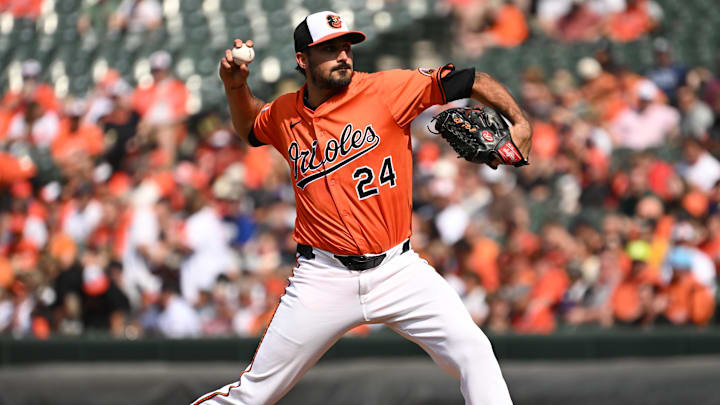 Jun 28, 2025; Baltimore, Maryland, USA; Baltimore Orioles starting pitcher Zach Eflin (24) throws a pitch against the Tampa Bay Rays during the first inning at Oriole Park at Camden Yards. 