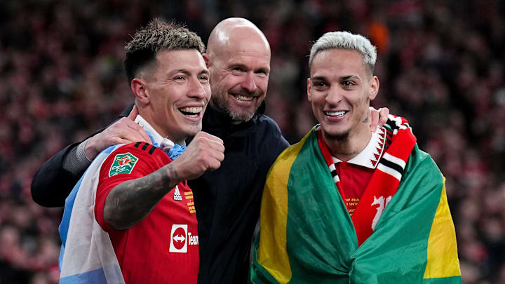 Erik ten Hag (middle) signed Lisandro Martínez (left) and Antony (right) – players he had coached previously at Ajax – during his first transfer window with Manchester United