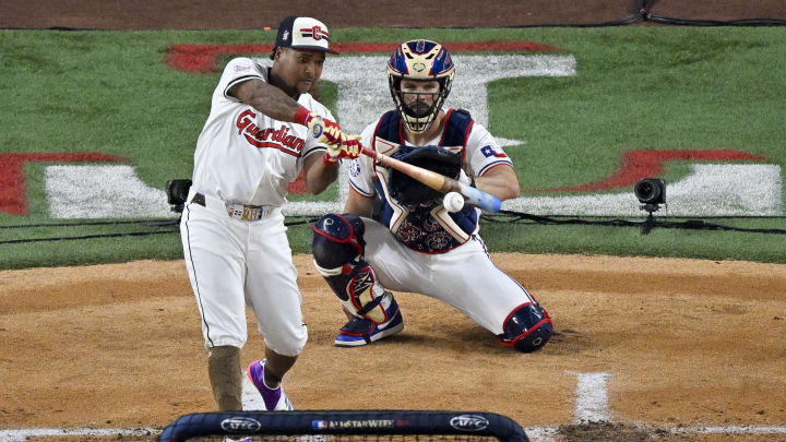Jul 15, 2024; Arlington, TX, USA; American League third baseman Jose Ramirez of the Cleveland Guardians (11) bats during the semi finals of the 2024 All Star Game Home Run Derby at Globe Life Field. Mandatory Credit: Jerome Miron-USA TODAY Sports