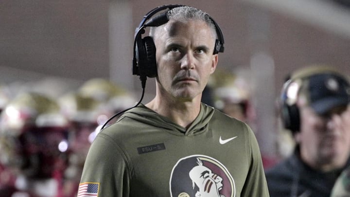 Nov 15, 2025; Tallahassee, Florida, USA; Florida State Seminoles head coach Mike Norvell during the second half against the Virginia Tech Hokies at Doak S. Campbell Stadium. Mandatory Credit: Melina Myers-Imagn Images