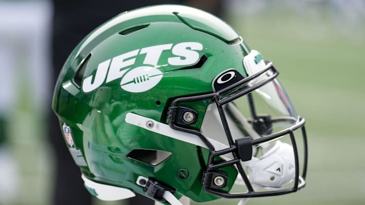Aug 12, 2023; Charlotte, North Carolina, USA; New York Jets helmet during the second quarter against the Carolina Panthers at Bank of America Stadium. Mandatory Credit: Jim Dedmon-Imagn Images