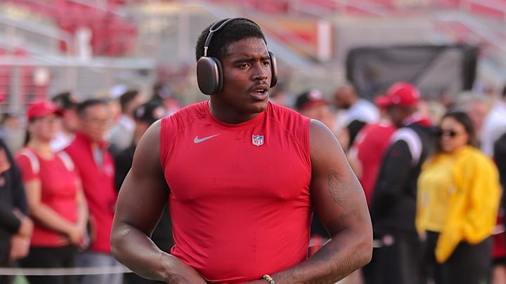 Aug 25, 2023; Santa Clara, California, USA; San Francisco 49ers defensive end Drake Jackson (95) before the game against the Los Angeles Chargers at Levi's Stadium. Mandatory Credit: Sergio Estrada-Imagn Images