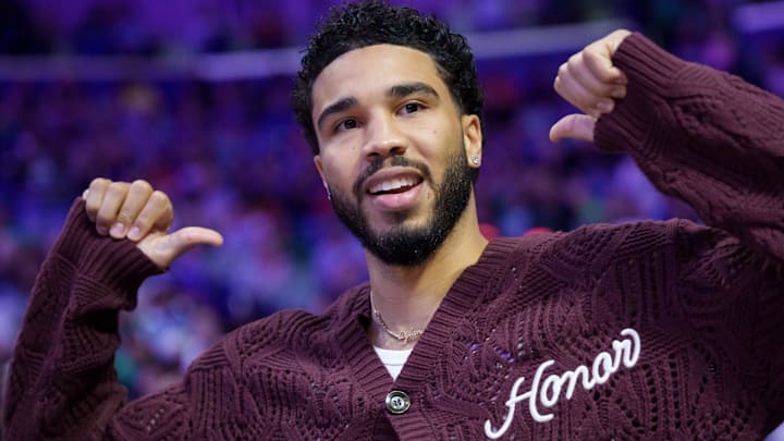 Oct 27, 2025; New Orleans, Louisiana, USA; Boston Celtics forward Jayson Tatum reacts during introductions during a game against the New Orleans Pelicans at Smoothie King Center. Mandatory Credit: Matthew Hinton-Imagn Images