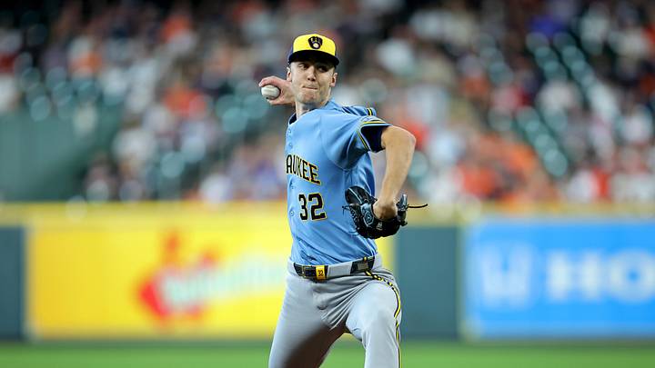 May 31, 2026; Houston, Texas, USA; Milwaukee Brewers pitcher Jacob Misiorowski (32) delivers a pitch against the Houston Astros during the first inning at Daikin Park. Mandatory Credit: Erik Williams-Imagn Images