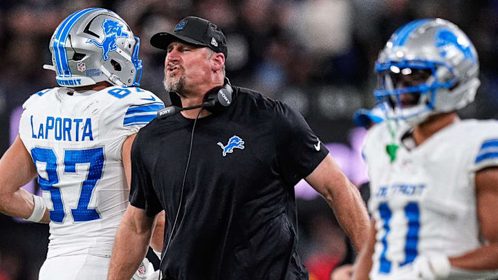 Detroit Lions head coach Dan Campbell celebrates a touchdown against Baltimore Ravens scored by Jahmyr Gibbs