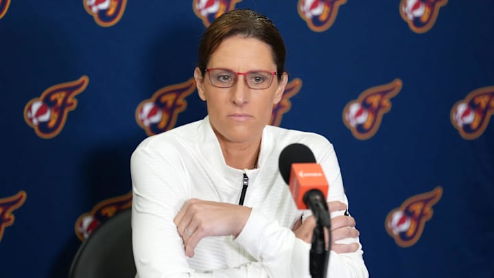 Aug 5, 2025; Los Angeles, California, USA; Indiana Fever coach Stephanie White at press conference at the Crypto.com Arena. Mandatory Credit: Kirby Lee-Imagn Images