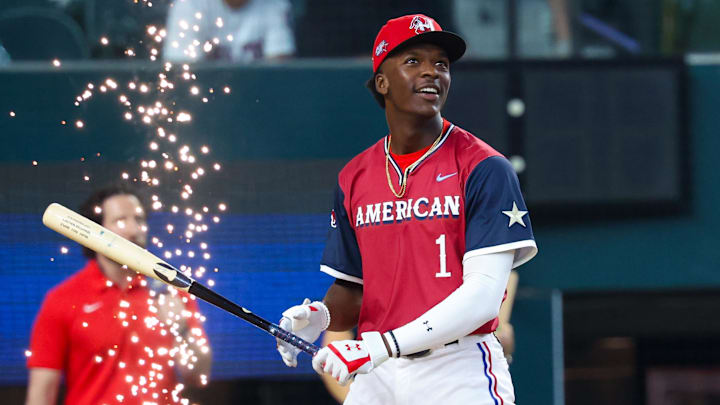 Texas Rangers prospect Sebastian Walcott walks to the plate with a bat in the MLB Futures Game Skills Competition. 