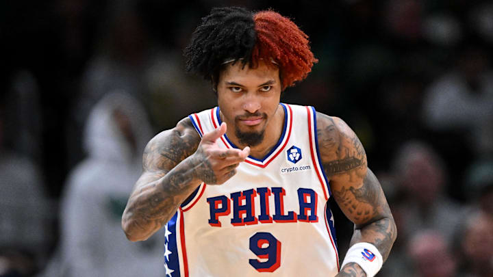 Apr 21, 2026; Boston, Massachusetts, USA; Philadelphia 76ers guard Kelly Oubre Jr. (9) reacts after making a three-point basket against the Boston Celtics in the second half of a game two of the first round of the 2026 NBA Playoffs at TD Garden. Mandatory Credit: Brian Fluharty-Imagn Images
