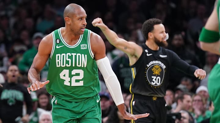 Jan 19, 2023; Boston, Massachusetts, USA; Boston Celtics center Al Horford (42) reacts after his basket against the Golden State Warriors in the first quarter at TD Garden. Mandatory Credit: David Butler II-Imagn Images Jan 19, 2023; Boston, Massachusetts, USA; Boston Celtics center Al Horford (42) reacts after his basket against the Golden State Warriors in the first quarter at TD Garden. Mandatory Credit: David Butler II-Imagn Images