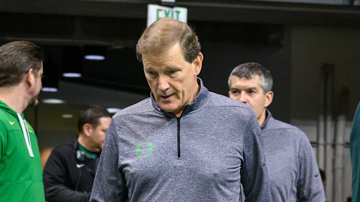 Dec 8, 2024; Eugene, Oregon, USA; Oregon Ducks head coach Dana Altman enters the court before the game against the UCLA Bruins at Matthew Knight Arena. Mandatory Credit: Craig Strobeck-Imagn Images