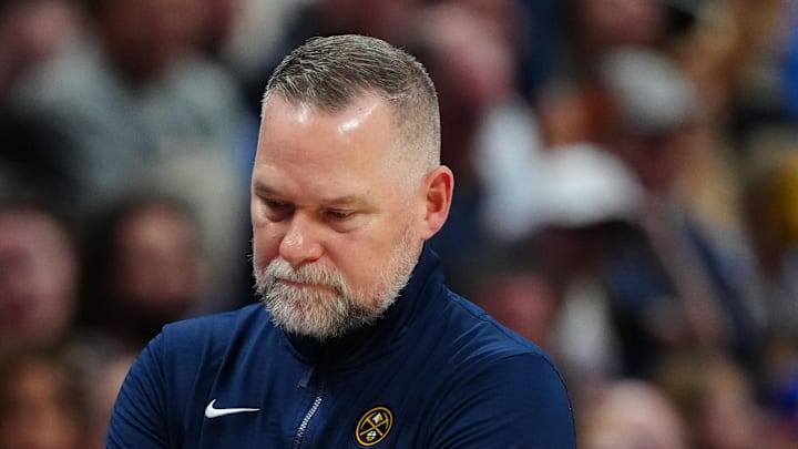 Apr 6, 2025; Denver, Colorado, USA; Denver Nuggets head coach Michael Malone during the third quarter against the Indiana Pacers at Ball Arena. Mandatory Credit: Ron Chenoy-Imagn Images Apr 6, 2025; Denver, Colorado, USA; Denver Nuggets head coach Michael Malone during the third quarter against the Indiana Pacers at Ball Arena. Mandatory Credit: Ron Chenoy-Imagn Images