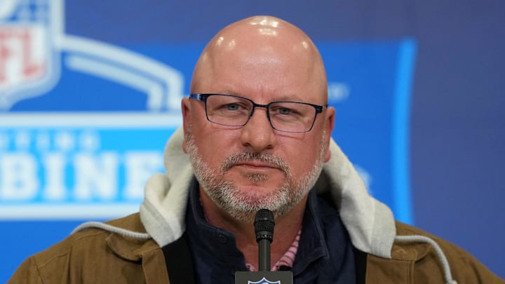 Feb 24, 2026; Indianapolis, IN, USA; Los Angeles Chargers general manager Joe Hortiz speaks at the NFL Scouting Combine at the Indiana Convention Center. Mandatory Credit: Kirby Lee-Imagn Images