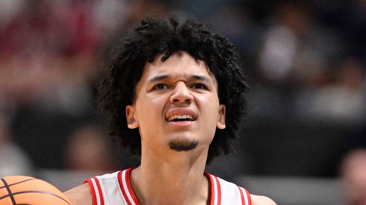 Arizona Wildcats guard Brayden Burries (5) reacts after a play against the Arkansas Razorbacks in the first half during a Sweet Sixteen game of the West Regional of the men's 2026 NCAA Tournament at SAP Center on March 26, 2026.