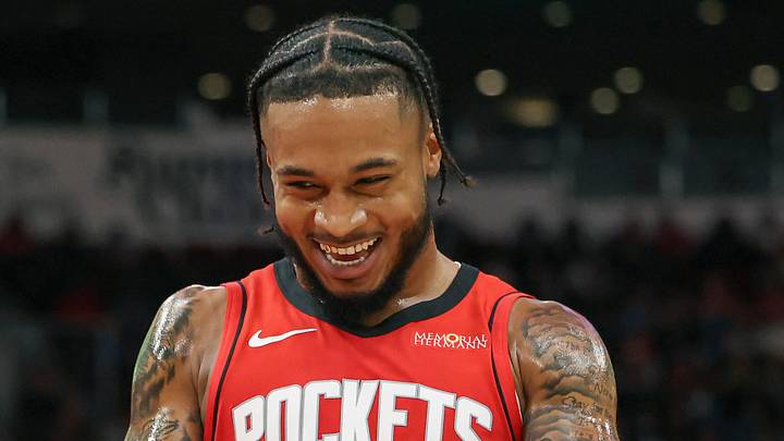 Jan 1, 2025; Houston, Texas, USA; Houston Rockets forward Cam Whitmore (7) celebrates with guard Jalen Green (4) after a play during the second quarter against the Dallas Mavericks at Toyota Center. Mandatory Credit: Troy Taormina-Imagn Images