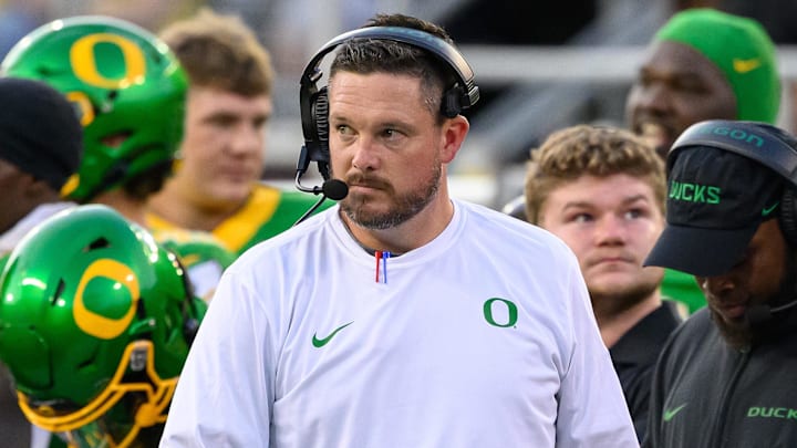 Aug 31, 2024; Eugene, Oregon, USA; Oregon Ducks head coach Dan Lanning on the sidelines during the fourth quarter against the Idaho Vandals at Autzen Stadium. Mandatory Credit: Craig Strobeck-Imagn Images
