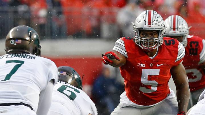 Nov 21, 2015; Columbus, OH, USA; Ohio State Buckeyes linebacker Raekwon McMillan (5) lines up against the Michigan State Spartans at Ohio Stadium. Mandatory Credit: Geoff Burke-USA TODAY Sports Nov 21, 2015; Columbus, OH, USA; Ohio State Buckeyes linebacker Raekwon McMillan (5) lines up against the Michigan State Spartans at Ohio Stadium. Mandatory Credit: Geoff Burke-USA TODAY Sports