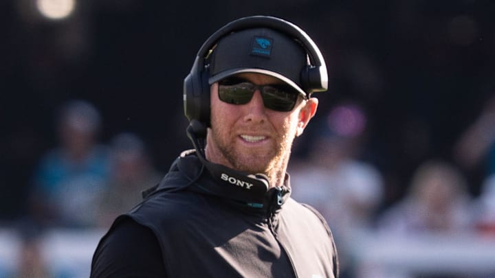 Jacksonville Jaguars head coach Liam Coen reacts to having to take a timeout after a bobbled play during the third fourth in an NFL football game at EverBank Stadium, Sunday, November 16, 2025, in Jacksonville, Fla. [Doug Engle/Florida Times-Union]