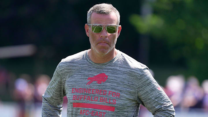 Brandon Beane, general manager of the Buffalo Bills, heads off the field at the end of practice at the Buffalo Bills training camp at St. John Fisher University in Pittsford on July 24, 2025.