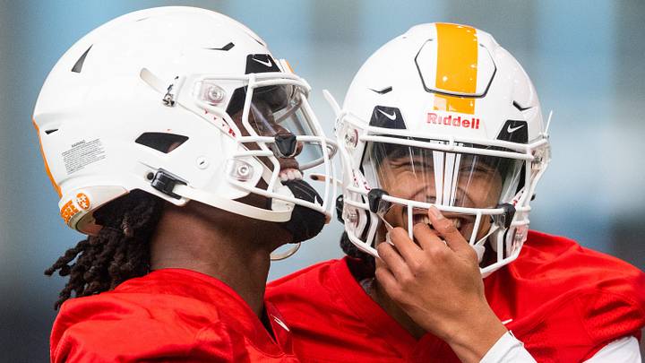Tennessee quarterbacks Joe Milton III (7) and Nico Iamaleava (12) share a laugh together during spring football practice on Monday, March 20, 2023.
Kns Vols Football Practice Bp Tennessee quarterbacks Joe Milton III (7) and Nico Iamaleava (12) share a laugh together during spring football practice on Monday, March 20, 2023.
Kns Vols Football Practice Bp