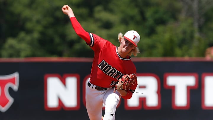 North Oconee  s Bubba Chandler (16) throws a pitch during game one of a GHSA AAAA semifinal between