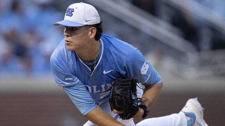 Jun 8, 2024; Chapel Hill, NC, USA; North Carolina Tar Heels Jason DeCaro (29) pitches against the West Virginia Mountaineers in the first inning of the DI Baseball Super Regional at Boshamer Stadium. Mandatory Credit: Jeffrey Camarati-Imagn Images
Jun 8, 2024; Chapel Hill, NC, USA; North Carolina Tar Heels Jason DeCaro (29) pitches against the West Virginia Mountaineers in the first inning of the DI Baseball Super Regional at Boshamer Stadium. Mandatory Credit: Jeffrey Camarati-Imagn Images