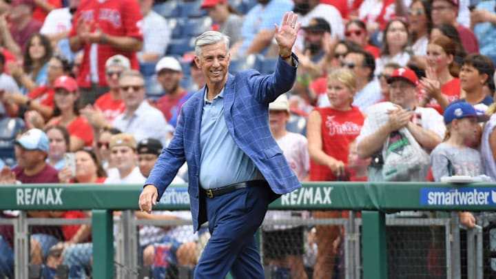 Aug 18, 2024; Philadelphia, Pennsylvania, USA; Former Philadelphia Phillies president Dave Dombrowski during Phillies Alumni Weekend and the 20th anniversary of Citizens Bank Park before game against the Washington Nationals at Citizens Bank Park.