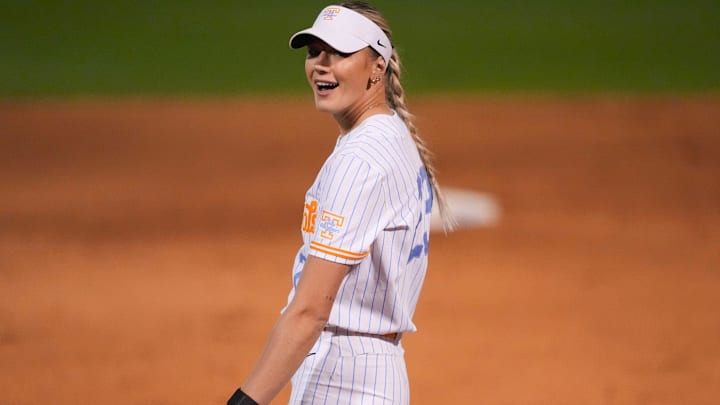 Tennessee's Karlyn Pickens (23) reacts after one of her pitches was ruled a ball during an NCAA college softball game against Arkansas on Monday, March 24, 2025, in Knoxville, Tenn.