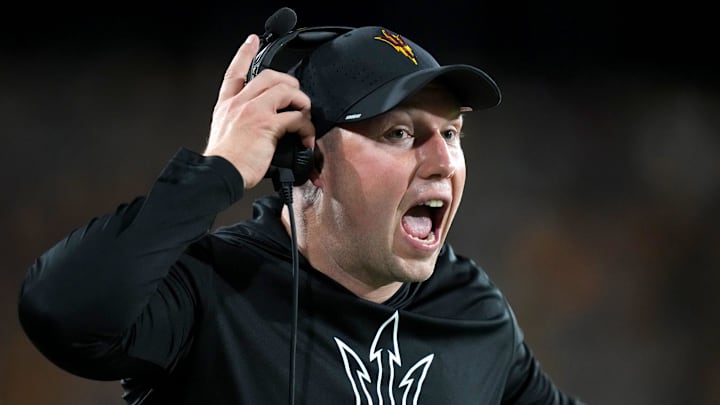 ASU Sun Devils head coach Kenny Dillingham yells out to his team as they play against the Houston Cougars at Mountain America Stadium in Tempe on Oct. 25, 2025.