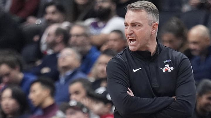 Dec 7, 2025; Toronto, Ontario, CAN; Toronto Raptors head coach Darko Rajakovic calls out to his team during the first half against the Boston Celtics at Scotiabank Arena. Mandatory Credit: John E. Sokolowski-Imagn Images