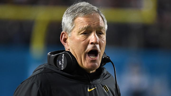 Dec 27, 2019; San Diego, California, USA; Iowa Hawkeyes coach Kirk Ferentz reacts in the second quarter against the Southern California Trojans during the Holiday Bowl at SDCCU Stadium. Mandatory Credit: Kirby Lee-Imagn Images