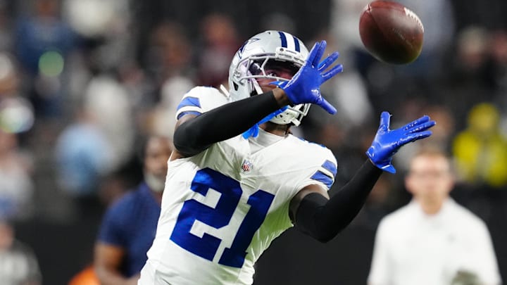 Dallas Cowboys cornerback Caelen Carson warms up prior to a game against the Las Vegas Raiders at Allegiant Stadium.