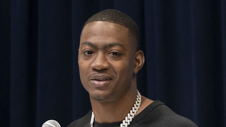 Feb 28, 2025; Indianapolis, IN, USA; Colorado wideout Lajohntay Wester (WO46) talks to the press during the 2025 NFL Combine at Indiana Convention Center. Mandatory Credit: Stephanie Amador Blondet-Imagn Images