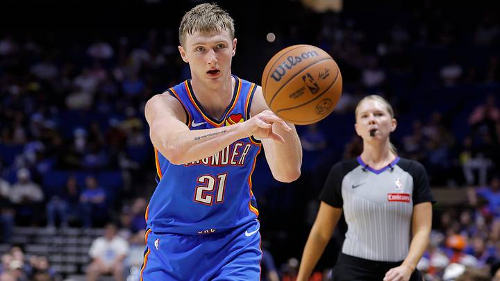 Oct 6, 2026; Tulsa, Oklahoma, USA; Oklahoma City Thunder guard Josh Dix (21) passes against New Orleans Pelicans during the second half at BOK Center. Mandatory Credit: Alonzo Adams-Imagn Images