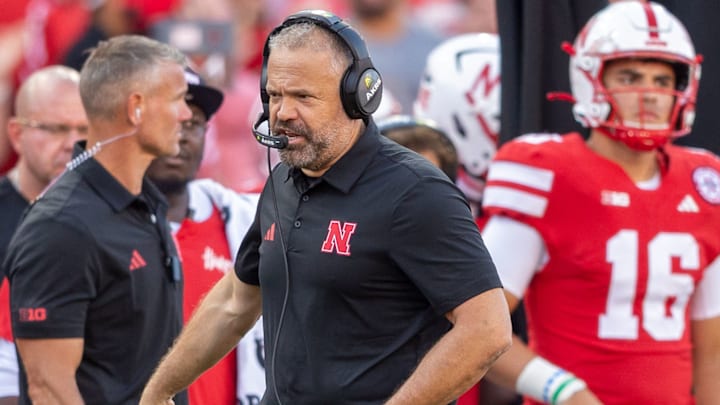 Nebraska coach Matt Rhule patrols the sideline.