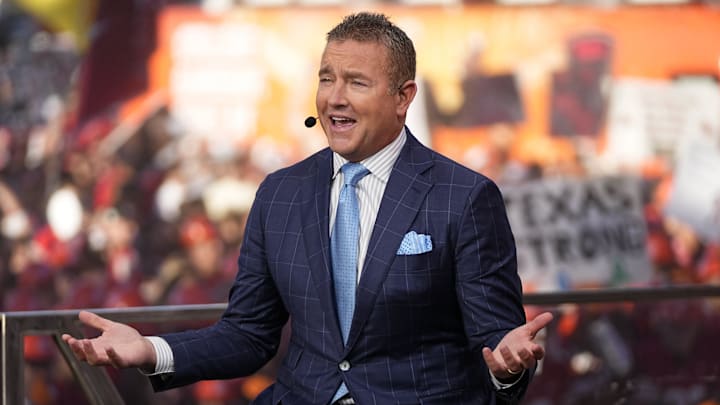 Kirk Herbstreit speaks on the set of ESPN College GameDay