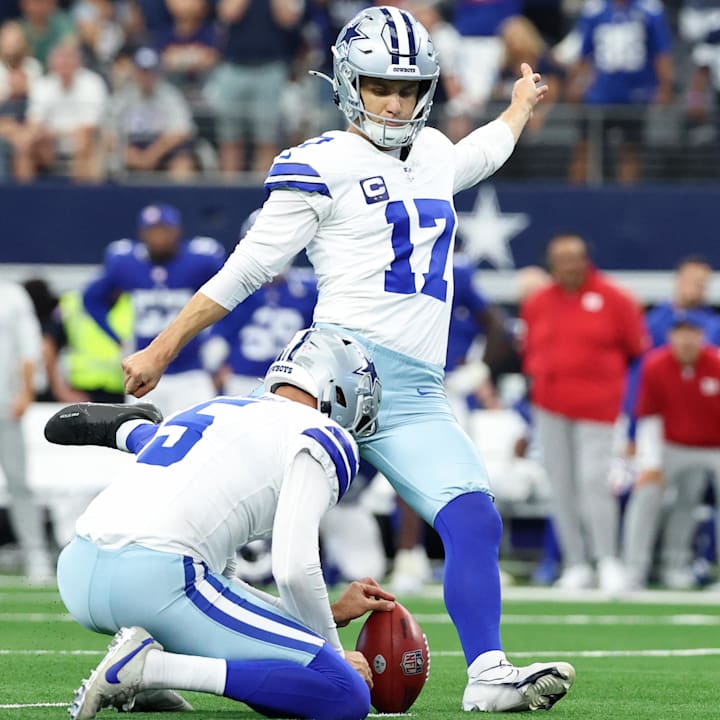Dallas Cowboys place kicker Brandon Aubrey kicks the game-winning field goal against the New York Giants.