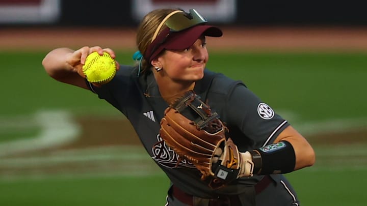 Mississippi State softball infielder Morgan Stiles readies a throw to first base in a SEC game against No. 23 South Carolina.